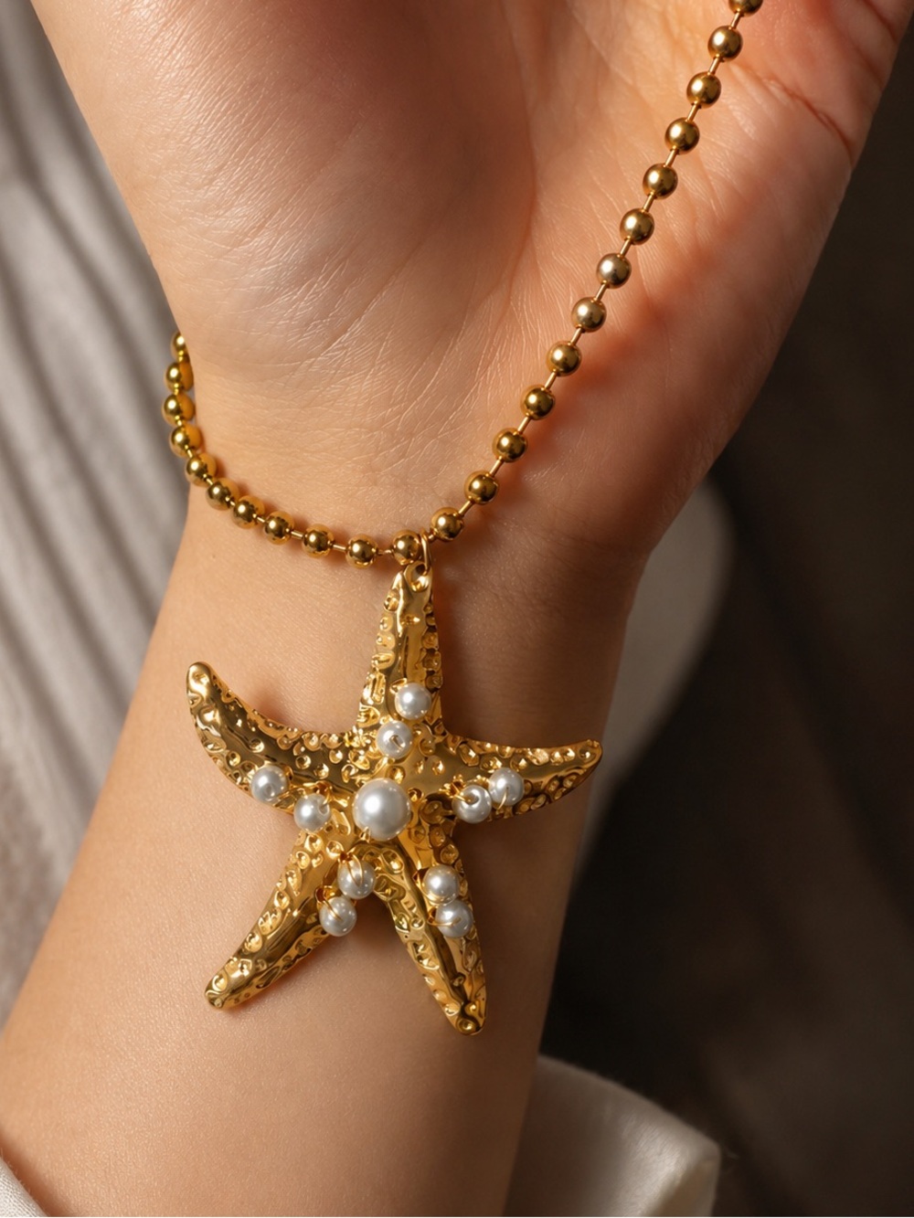 Gold Starfish Pendant Necklace with Pearls - Women Jewelry